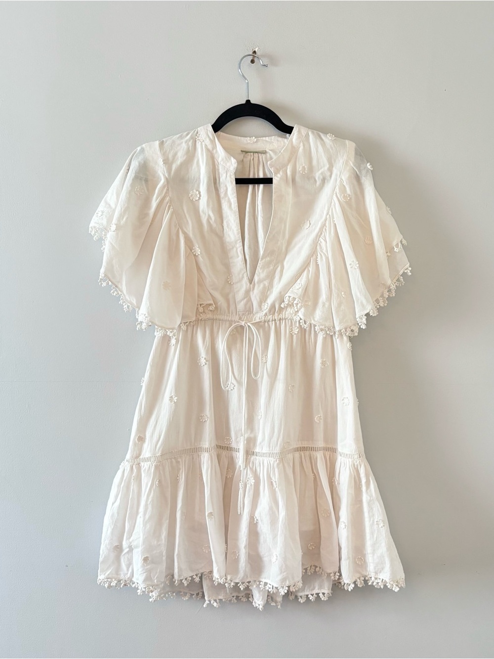 Farm Rio 3D Flower Mini Dress Tassels Waist Tie Short Sleeve White - Picture 2 of 8